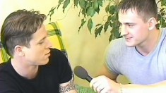 It starts with an interview and ends with a gay cumshot on the ass