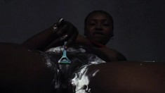 Ebony hooker Chastity shaves her twat and fucks a black dick in prison