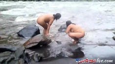 Two Indian Mature Womens Bathing In River Naked